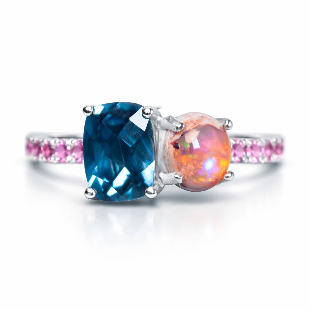 Anillo PROMESA Ópalo de Fuego, Topacio London Blue y Turmalinas Rosas T16