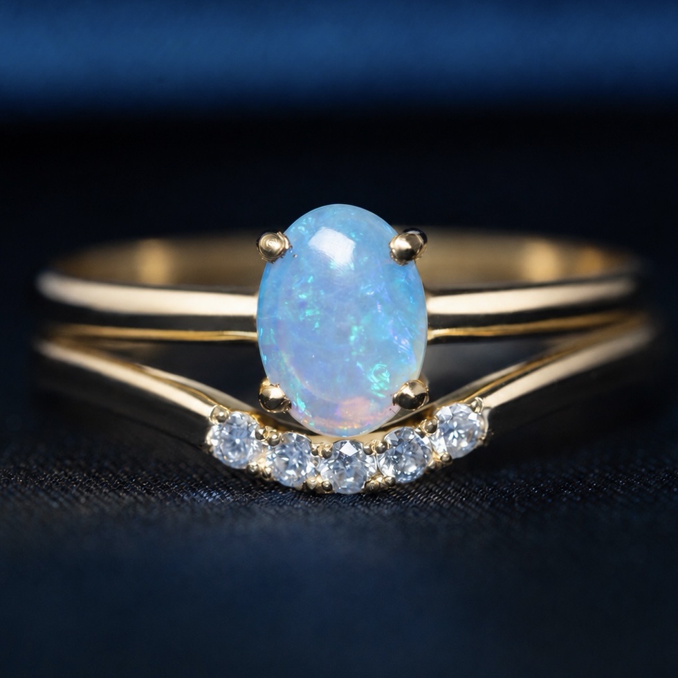 Anillo Promesa de Oro 18k con Ópalo Australiano y Diamantes Naturales