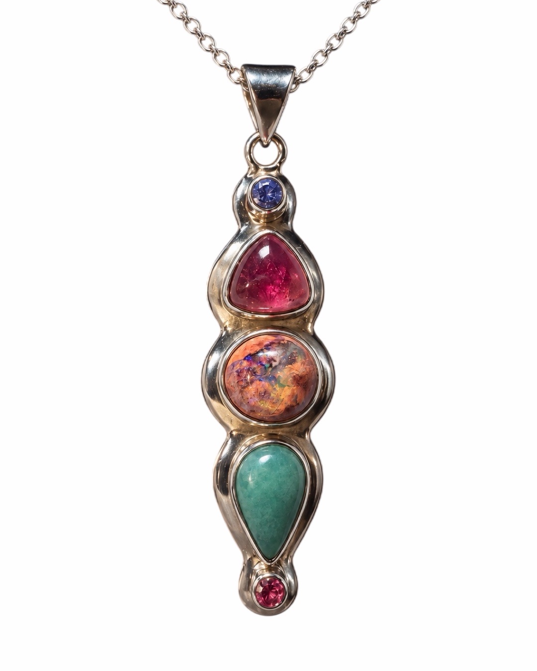 Colgante DIOSA LIBRE Ópalo de Fuego, Turmalina rosa, Jade azul,  Tanzanita
